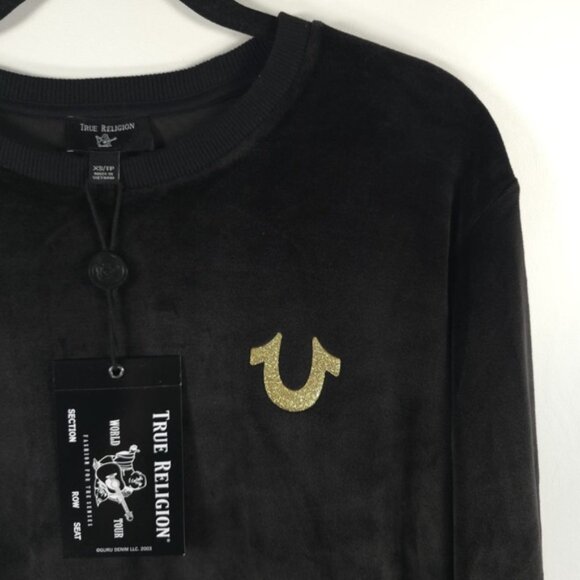 NWT TRUE RELIGION Black Glitter Velvet Pullover Sweatshirt Style 204213 Size XS - Picture 3 of 11